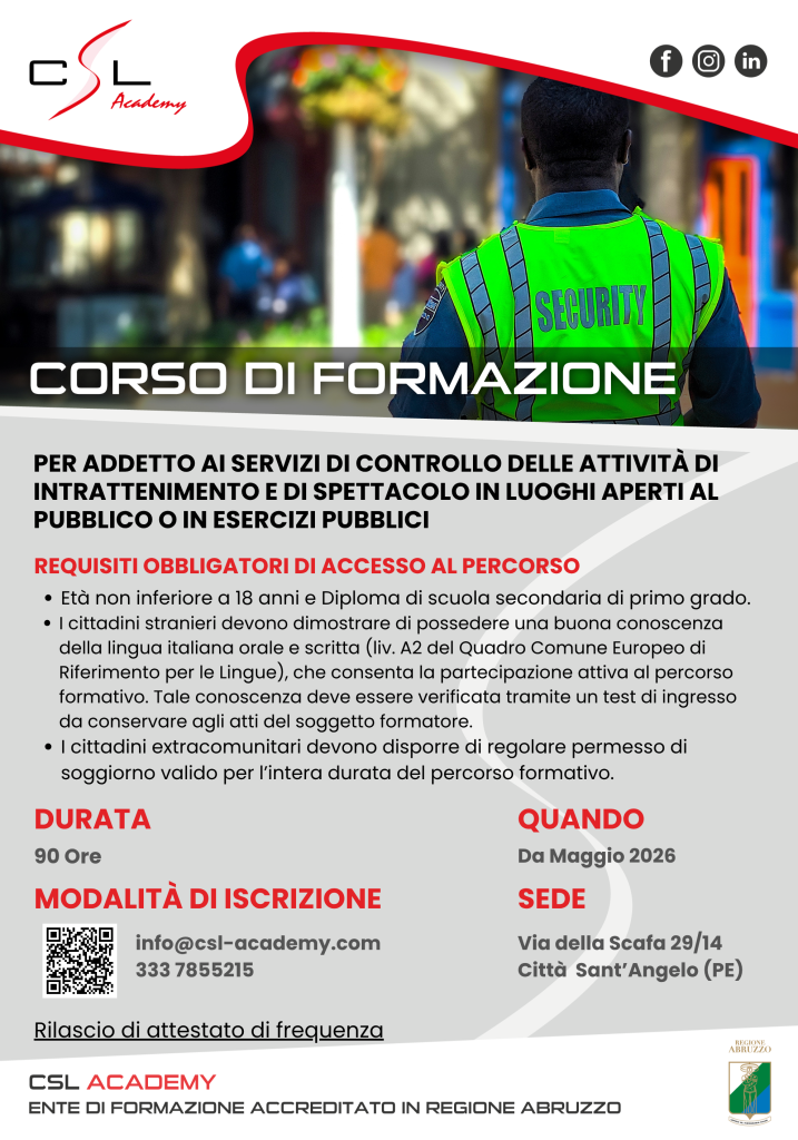 Locandina corso addetti sicurezza pubblico spettacolo